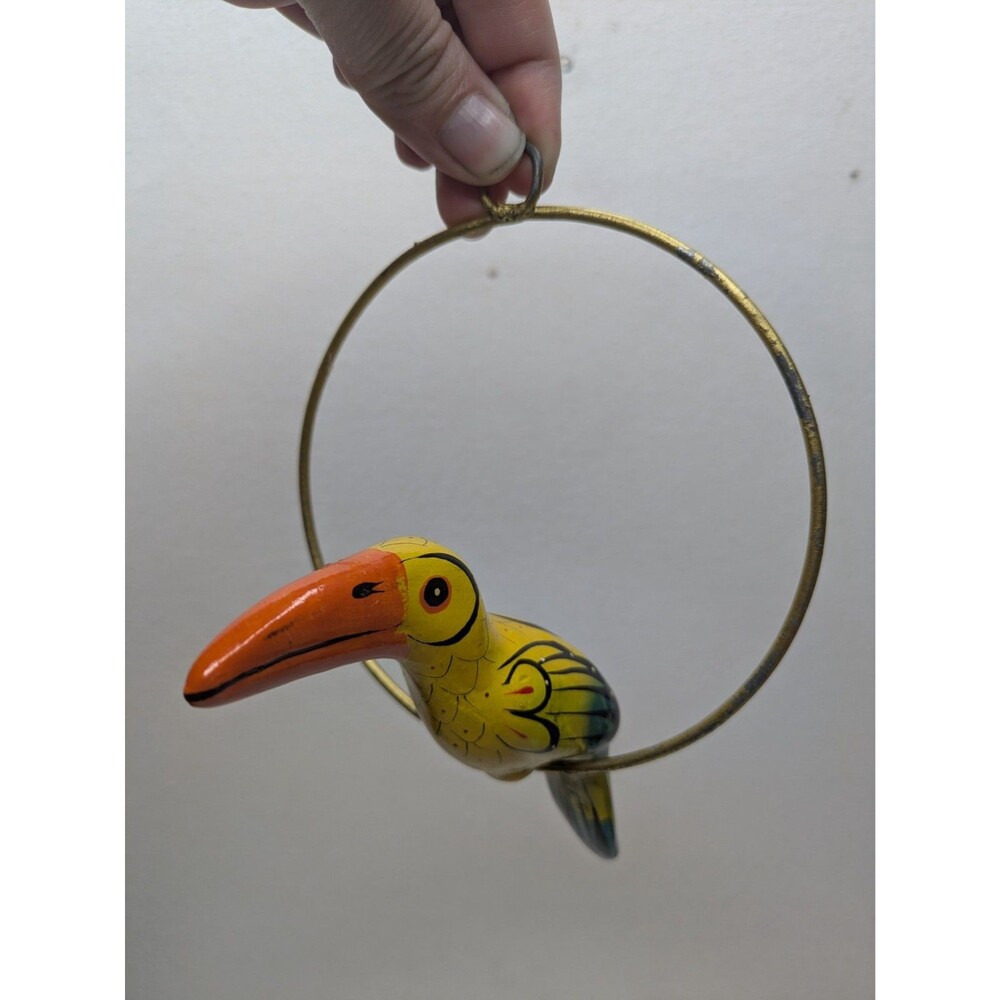 Mexico Toucan Tropical Bird Hanging Folk Art Vintage Metal Ring Boho Tiki